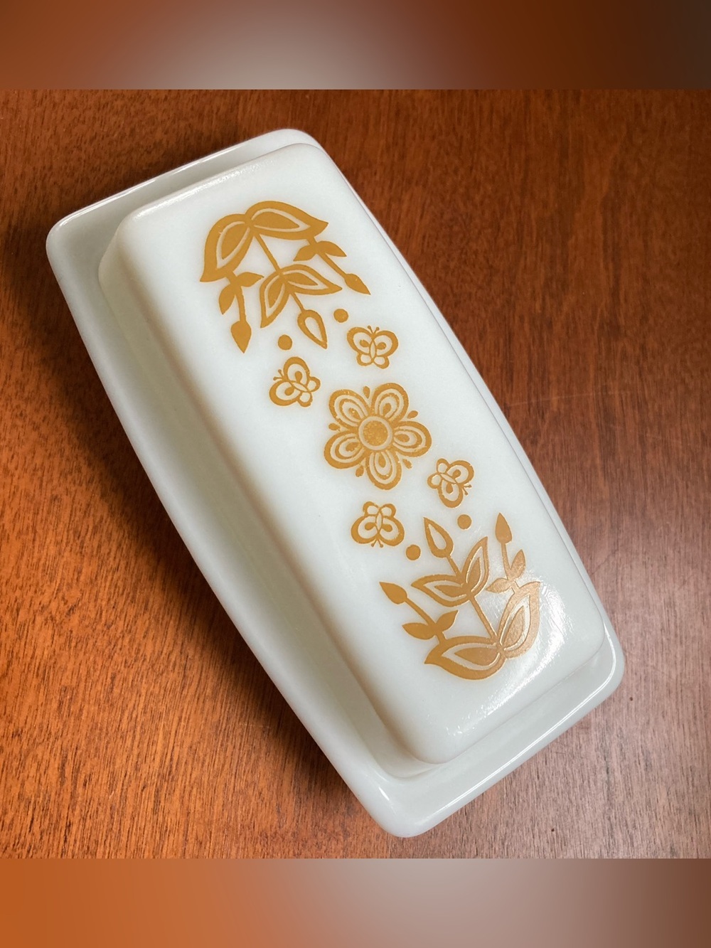 1970s Golden Butterfly Floral Tulip PYREX Butter Dish - Vintage 1970s